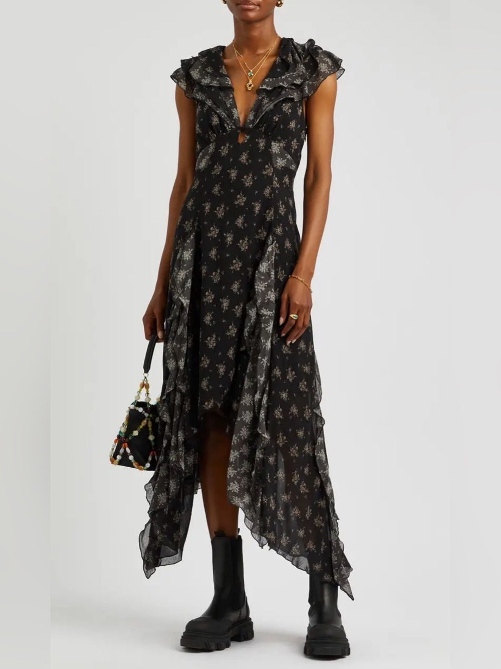 FREE PEOPLE Joaquin Dress - Black Combo - Floral Ruffle Midi - Size Small NWT